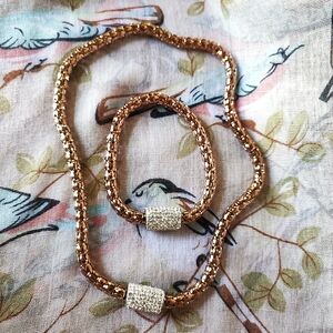 Rose Gold Tone Hollow Tube Chain Necklace and Matching Clear Rhinestone Bracelet